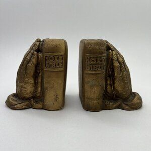 Vintage Praying Hands Bookends Gold Chalkware Plaster Book Holders 5" Tall Bible